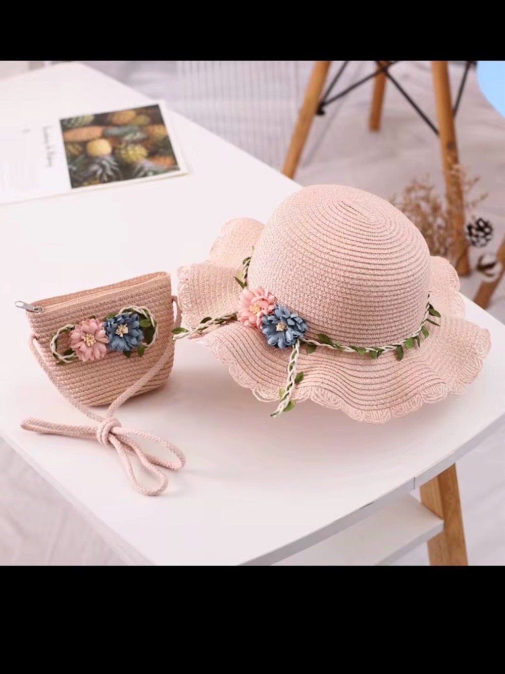 Girls Pink Floral Straw Sun Hat and Matching Crossbody Bag